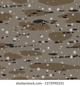 Seamless pattern with stylized bark of aspen tree under snowflakes.