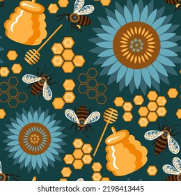 seamless pattern with stylized bees and honeycombs, honey and flowers