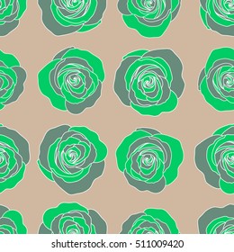 Seamless pattern of stylized beige and green roses.