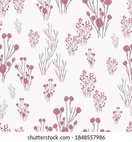 Seamless pattern of stylized berry bushes on a light background.