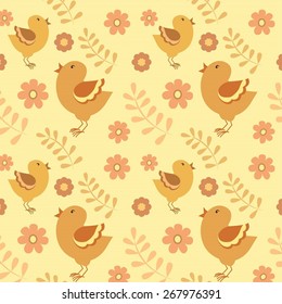 A seamless pattern with stylized birds, branches and flowers. Vector illustration.