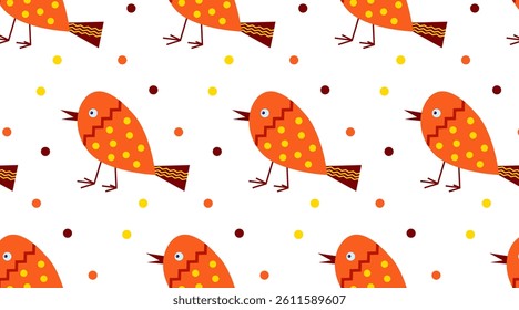 Seamless pattern of stylized birds in a flat style. Bright orange birds on a white background. Vector illustration