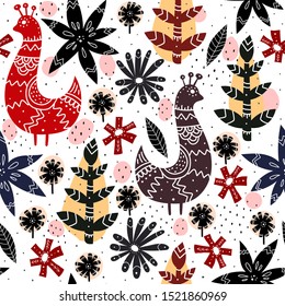 Seamless pattern with stylized birds, flowers, twigs, decor elements, dots. vector. Scandinavian style. folk ornament. hand drawing. Design for fabric, textile, print, wrapper.