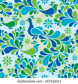 Seamless pattern of stylized birds and flowers in warm colors.