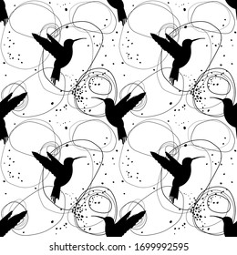 Seamless pattern with stylized birds. Hummingbird silhouette. Wallpaper, print, paper, textile design. Vector illustration.