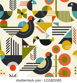 Seamless pattern with stylized birds in retro bauhaus style