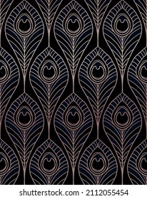 seamless pattern of stylized black and gold peacock  feathers