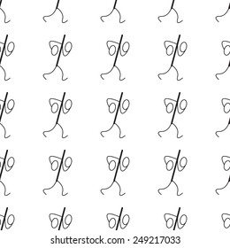 Seamless pattern with stylized black percent sign with legs and hands running quickly isolated on white background.  Concept of sale, great discounts and best prices