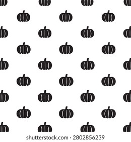 Seamless pattern of stylized black pumpkins on a white background creating a festive autumn theme