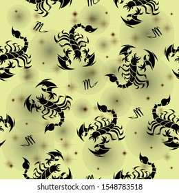 Seamless pattern. Stylized black scorpions and stars on light yellow background. Vector illustration