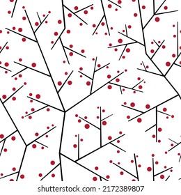 Seamless pattern with stylized black twigs and red berries on them isolated on white background. Minimalist vector illustration.