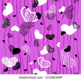 Seamless pattern. Stylized black and white hearts on pink background. Vector illustration.