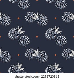 Seamless pattern with stylized blackberries on a dark background. Fresh blackberry. Wallpaper, print, wrapping paper. Vector illustration.