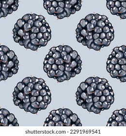 Seamless pattern with stylized blackberries on a blue background. Fresh blackberry. Wallpaper, print, wrapping paper. Vector illustration.
