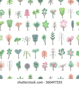 Seamless pattern with stylized blossoming trees. Endless easter texture for your design, greeting cards, announcements, posters. 