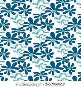 Seamless pattern of stylized blue flowers on white background