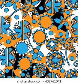 Seamless pattern with stylized blue and orange flowers.