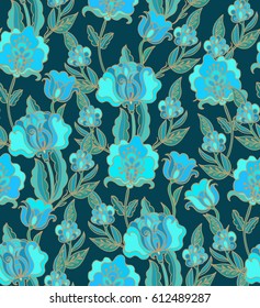 Seamless pattern with stylized blue Orchids plants