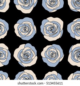 Seamless pattern of stylized blue roses.