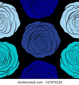 Seamless pattern of stylized blue roses.