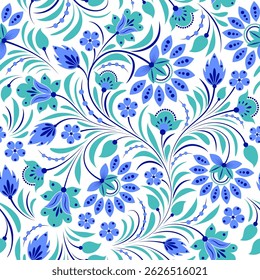 Seamless pattern of stylized blue and teal flowers and leaves on a white background.