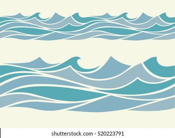 Seamless pattern with stylized blue waves in vintage style
