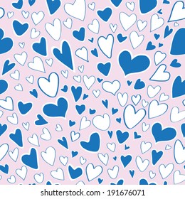 Seamless pattern of stylized blue and white colors hearts on a light pink background