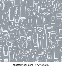 Seamless pattern with stylized bottles and glasses.  Vector. 