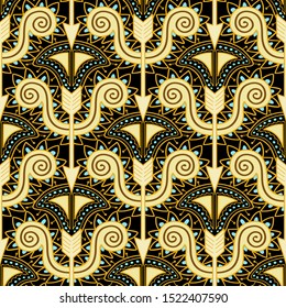 Seamless pattern with stylized bow and arrow. Hand drawn tribal background. Vector ornamental golden texture