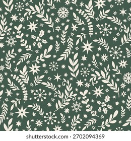 Patrón sin fisuras con ramas estilizadas, bayas, estrellas y copos de nieve en un estilo decorativo botánico invernal sobre un fondo oscuro, dibujado como una Ilustración vectorial.