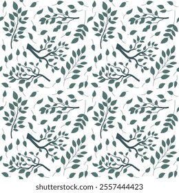 Seamless pattern of stylized branches and leaves, designed in vector flat art style.