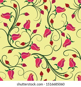 Seamless pattern with stylized branches of roses, buds, leaves and flowers