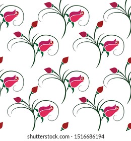 Seamless pattern with stylized branches of roses, buds, leaves and flowers