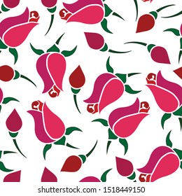 Seamless pattern with stylized branches of roses, buds, leaves and flowers
