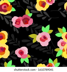 seamless pattern with stylized bright roses on gray background, wallpaper ornament, wrapping paper