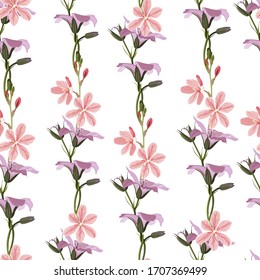 Seamless pattern with stylized bright summer wild garden flowers. Endless vertical texture. Pink and violet meadow flowers.