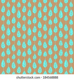 Seamless pattern of stylized bright turquoise leaves as droplets on threads on a bronze color background