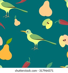 Seamless pattern with stylized bright yellow green bird, pears, apples and chili pepper in blue-green background.