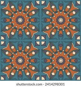 Seamless pattern with stylized brown flowers on a blue background. Vector illustration