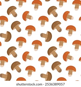 seamless pattern of stylized brown and orange mushrooms with simple shapes on white background