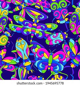 Seamless pattern with stylized bugs and insects. Mexican ceramic cute naive art.