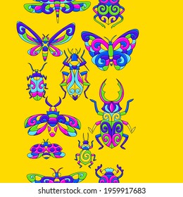 Seamless pattern with stylized bugs and insects. Mexican ceramic cute naive art.