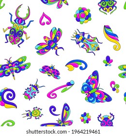 Seamless pattern with stylized bugs and insects. Mexican ceramic cute naive art. Ethnic decorative objects. Traditional folk floral ornament.