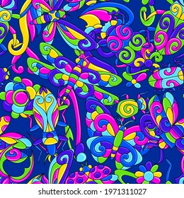 Seamless pattern with stylized bugs and insects. Mexican ceramic cute naive art.