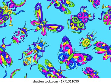 Seamless pattern with stylized bugs and insects. Mexican ceramic cute naive art.