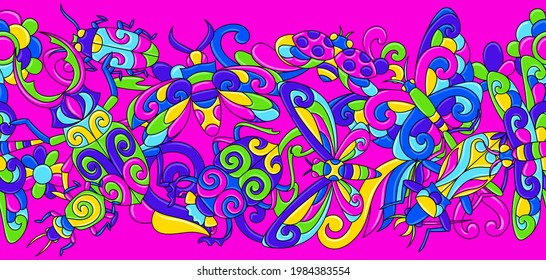 Seamless pattern with stylized bugs and insects. Mexican ceramic cute naive art.