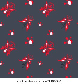 Seamless pattern with stylized butterflies and flower buds. Abstract texture with red elements on a blue-gray background