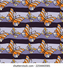 Seamless pattern with stylized butterflies. Vector illustration in doodle style. Design for fabric, textile print, wrapping paper, cover, poster.