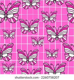 Seamless pattern with stylized butterflies. Vector illustration in doodle style. Design for fabric, textile print, wrapping paper, cover, poster.