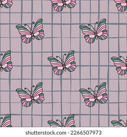 Seamless pattern with stylized butterflies. Vector illustration in doodle style. Design for fabric, textile print, wrapping paper, cover, poster.